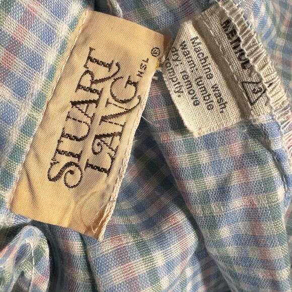 Vintage 1980s Stuart Lang Ruffle blue white Plaid High Neck Prairie Blouse small - Picture 12 of 16